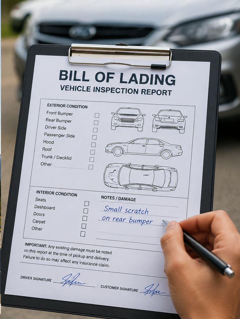 Bill of Lading vehicle inspection report before car shipping