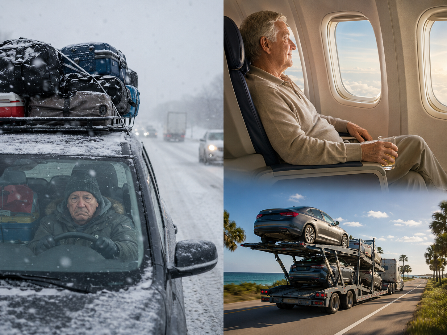 Snowbird choosing between winter driving and flying while shipping a car