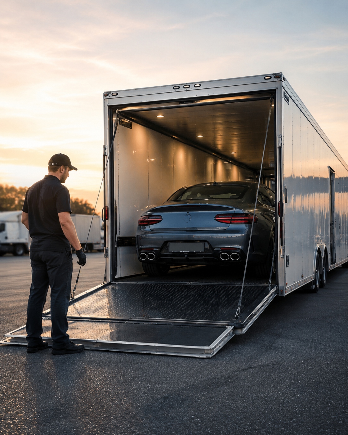 Premium vehicle inside an enclosed car shipping trailer