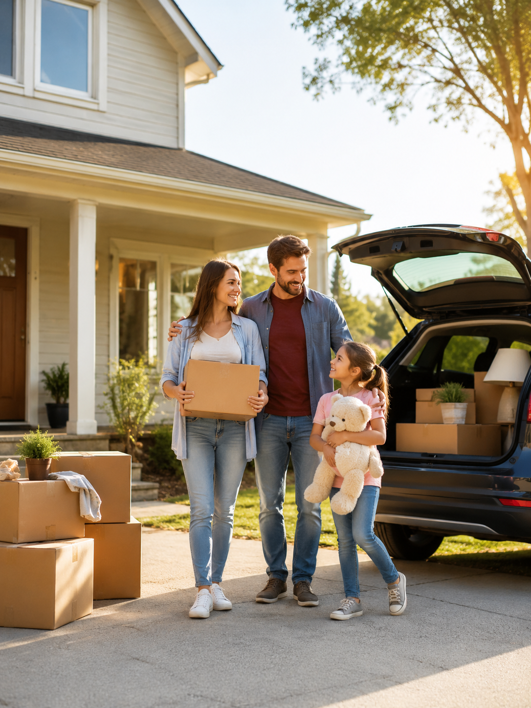 Family moving into a new home while planning vehicle transport
