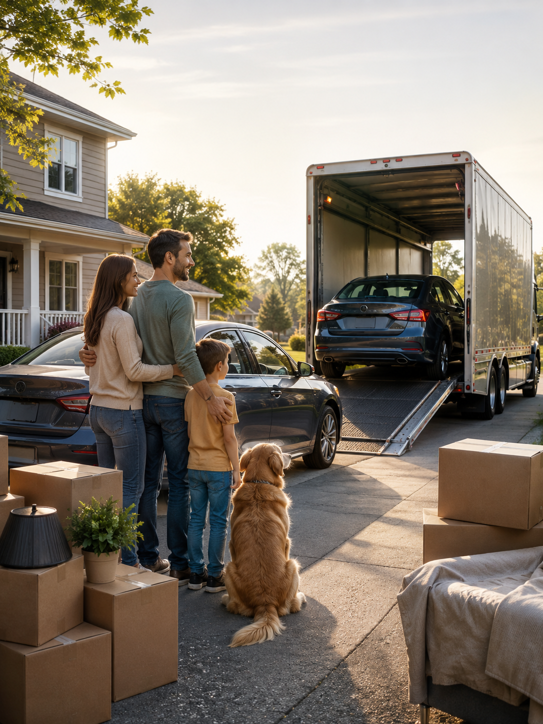 Family preparing for a long-distance move while planning car shipping