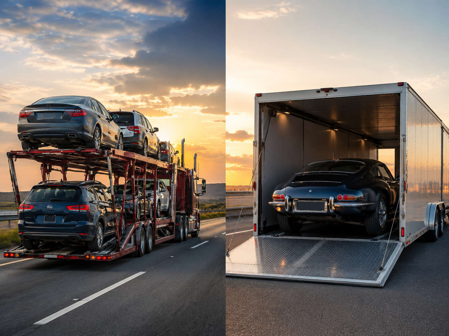 Side by side comparison of open car shipping and enclosed auto transport
