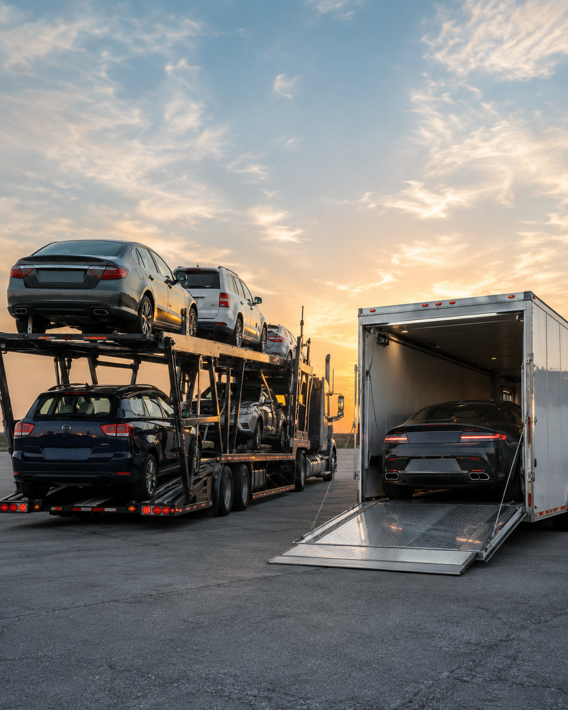 Open car carrier and enclosed auto transport trailer showing two car shipping options