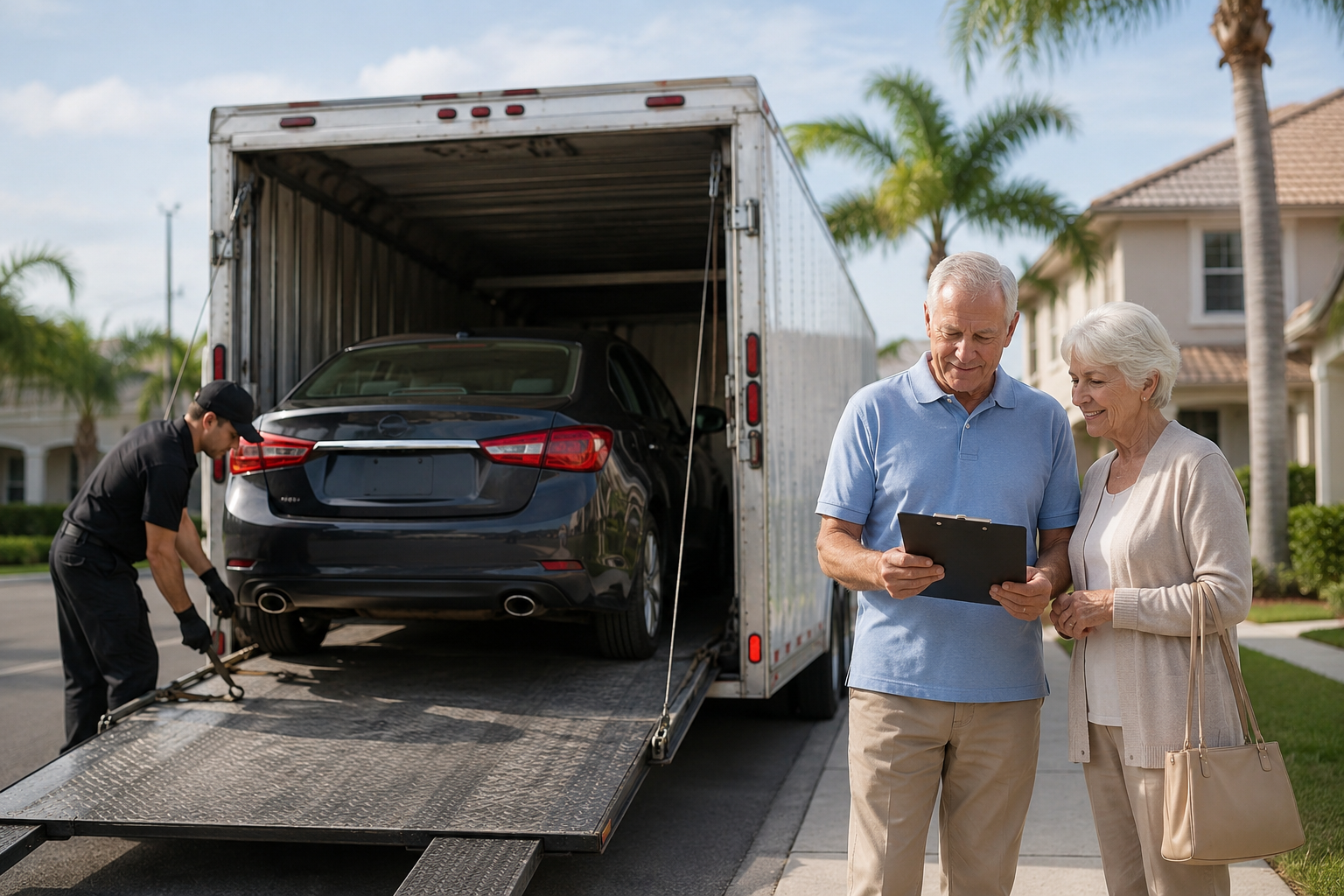 Snowbird couple reviewing car delivery paperwork in Florida