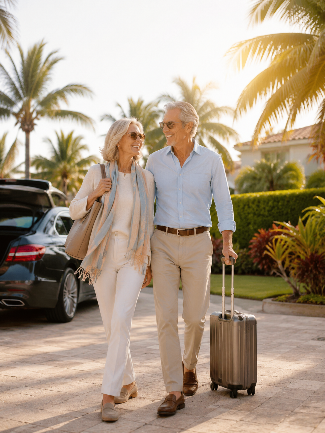 Snowbird couple arriving in Florida with their vehicle for winter season