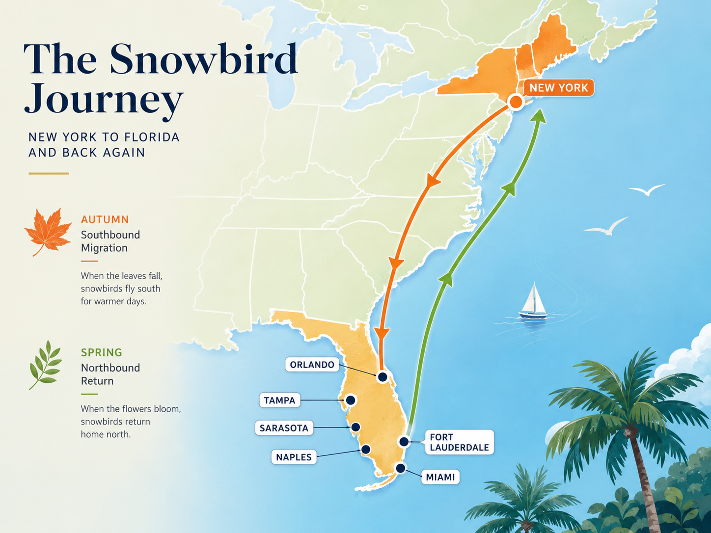 Snowbird route map showing New York to Florida and return route